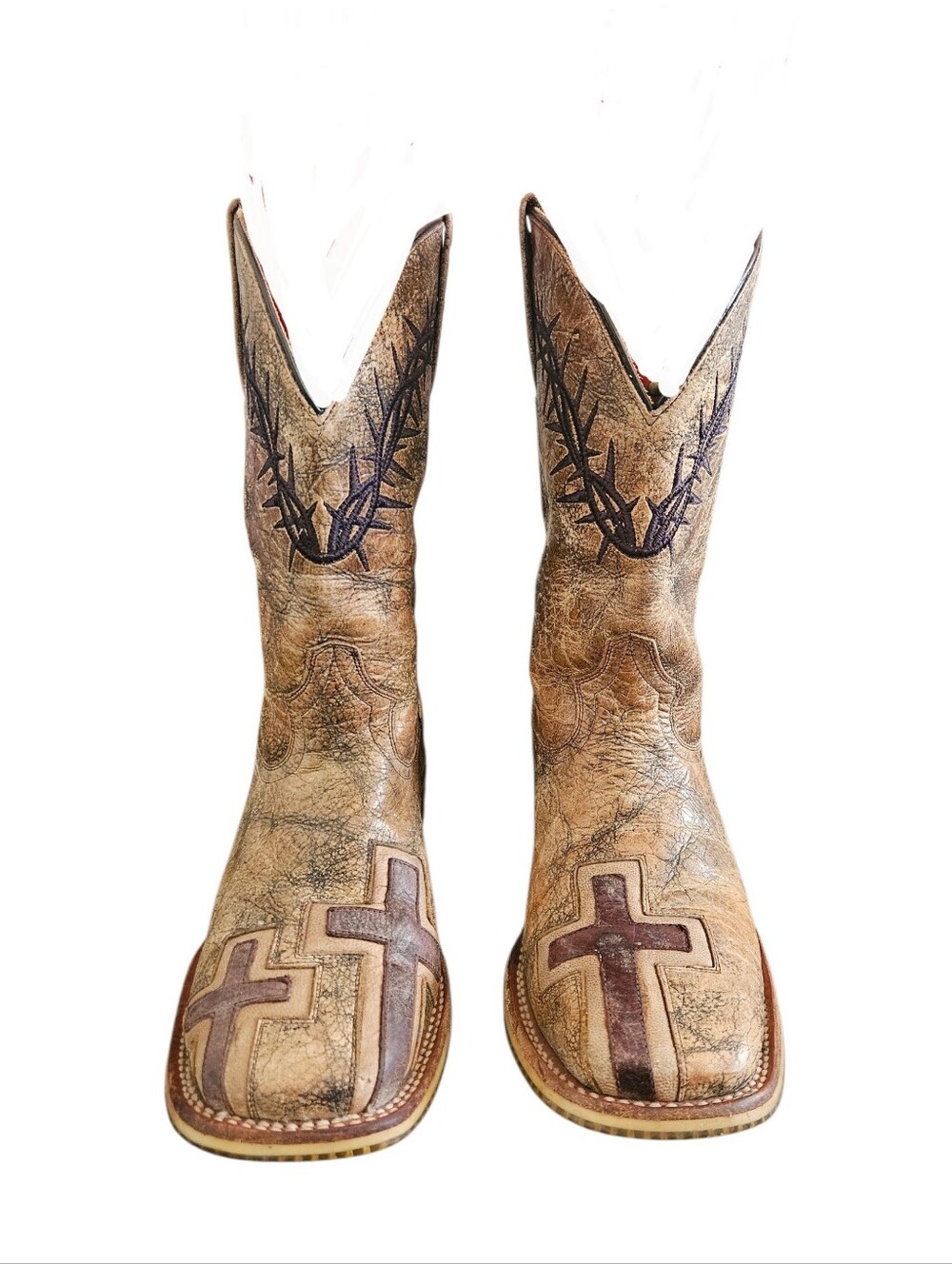 Tin Haul Men's John 3:16 Western Tan Leather Square- Toe Cowboy Boots Size 7.5D